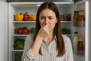 Woman holding nose in front of open fridge full of food due to bad smell, expressing disgust and frustration at unpleasant odor in kitchen environment. Ai generative