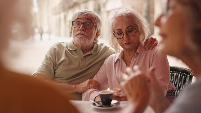 Senior friends talking and drinking coffee at an outdoor cafe