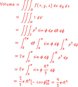 Handwritten calculus notes showing triple integral steps to calculate the volume of a sphere using spherical coordinates and integral limits.
