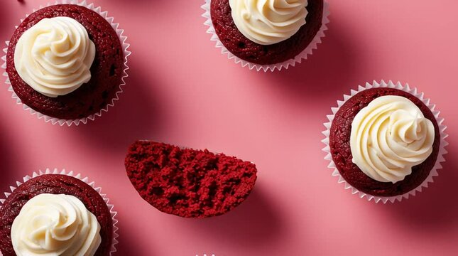 Red velvet cupcakes with cream cheese frosting top down view on pink background