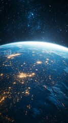 Obraz premium The earth, illuminated by city lights and stars, demonstrates the scale of human activity, which will emphasise the theme of ecology against an atmospheric backdrop for social campaigns.