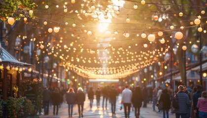 Fototapeta premium Autumn street food festival a lively atmosphere with people savoring delicious treats at sunset