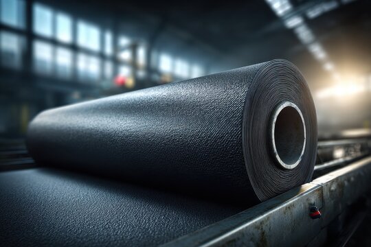 A black industrial conveyor belt roll against a blurred factory backdrop