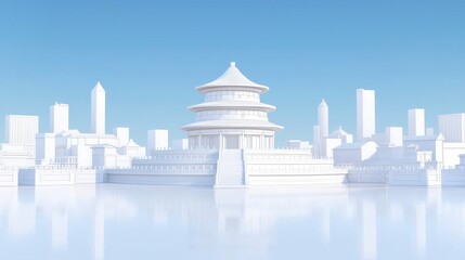 Obraz premium White architectural rendering of a traditional Chinese temple and cityscape