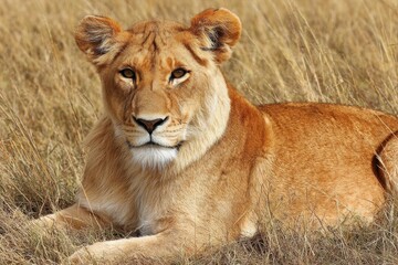 A Majestic Lioness Resting in Golden Savanna Grass