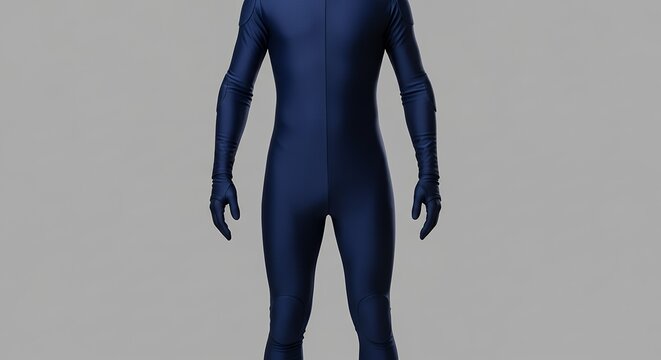 Full Body View of a Person in a Dark Blue Spandex Suit Standing Upright.