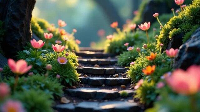 Video A serene stone path lined with vibrant flowers perfect for a peaceful walk or garden setting