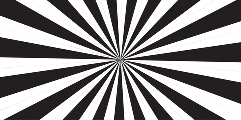 A grunge sunburst vector background features black and white abstract rays in a vintage retro style with a weathered paper texture and spiral design pattern for a classic art backdrop