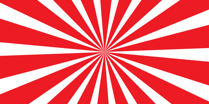 A vintage grunge sunburst illustration featuring a red and white radial ray pattern with an old paper texture and retro star design elements reminiscent of a Japanese flag backdrop vector
