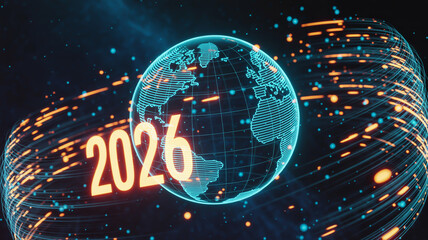 Global data network concept for the year 2026 in a futuristic digital style
