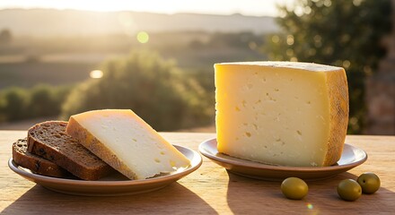 Artisanal cheese and bread on a rustic table at sunset.