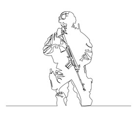 Obraz premium Continuous line drawing of Soldier Veteran. Single line illustration of Military Soldier, Illustration, Veterans Day Concept. Editable outline.
