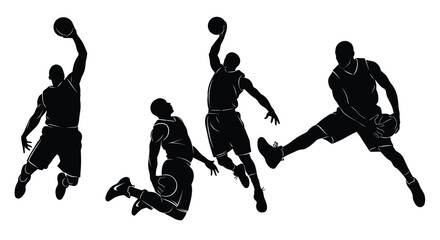 Dynamic Basketball Player Silhouettes Set: Action Poses with Ball, Graphic Vector Illustration for Sports Design