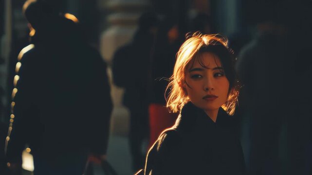 Young woman standing alone in a crowded city crowd