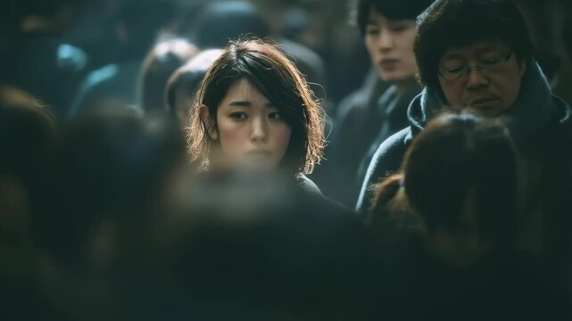 Young woman standing alone in a crowded city crowd