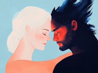 Gentle hug between a Blonde Woman and a Bearded Man with black hear