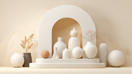 Fototapeta premium Luxury Minimalist Product Display With White Studio Light Showcasing an Arrangement of Ceramic Vases and Decorative Elements on a Clean Stage