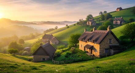 Idyllic English Countryside Village at Sunrise.