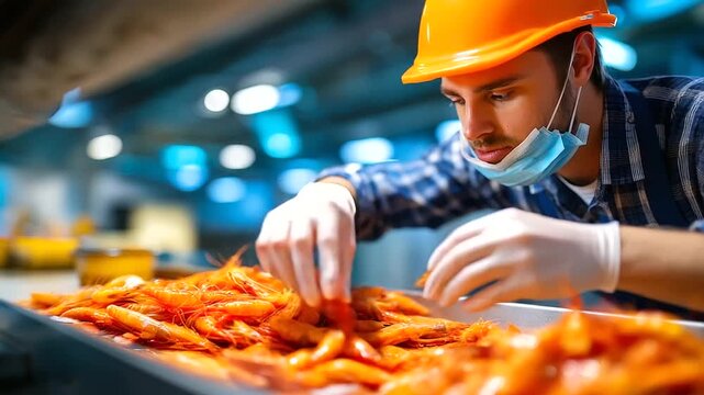 Faceless worker in safety gear sorting through large collection of shrimp on processing table, emphasizing seafood processing and fishing industry quality control, with copy space