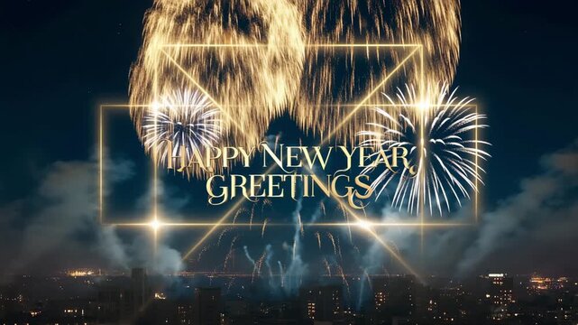 Happy New Year celebration vector illustration of bright fireworks exploding over the city of London night skyHappy New Year celebration vector illustration of bright fireworks exploding over the city