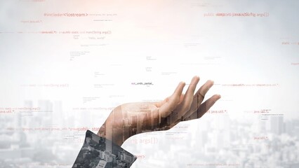 A hand reaches out toward a city skyline, surrounded by abstract data visualizations and binary code, symbolizing digital growth, technology, and innovation. Xenic