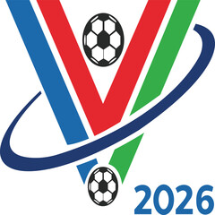This energetic design features a bold "V" shape formed by blue, red, and green colors, with soccer balls incorporated into the design. The year "2026" signifies an upcoming sports event, making it per