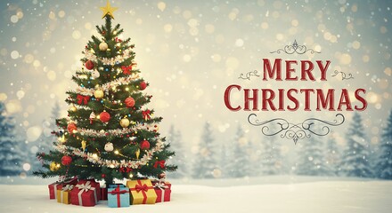 Festive Christmas Tree with Gifts and Merry Christmas Greeting.