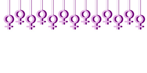 Vector illustration of garland made from pink feminine symbols decorating the top of isolated background. Clean modern layout with copy space, ideal for text, posters, branding, cards, social designs.