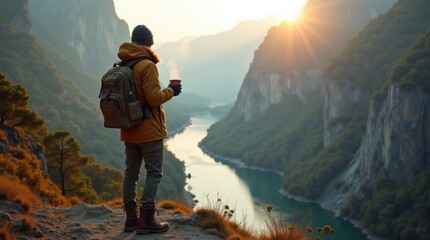 Un viajero de espaldas sostiene una taza en un acantilado