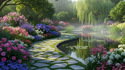 Serene Garden Path with Vibrant Flowers and Pond