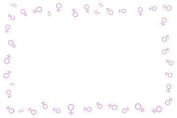 Vector frame composed of pink feminine symbols arranged along the edges on an isolated background. Elegant minimal composition Copy space for text Posters, branding, cards social designs