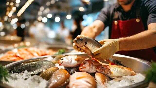 Faceless fishmonger wearing protective gloves sorting fresh caught fish on ice in stainless steel container at seafood market, professional handling, defocused stall, with copy spa