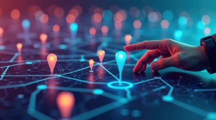 Pines de ubicación dispersos en una cuadrícula digital mientras una mano se extiende hacia adelante, ilustrando el seguimiento de rutas y tecnologías de navegación avanzadas