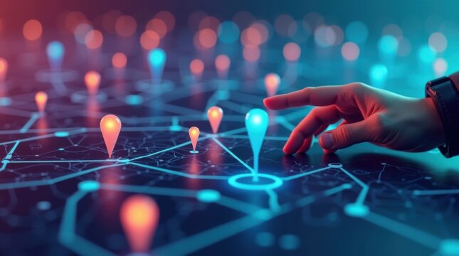 Pines de ubicaci&oacute;n dispersos en una cuadr&iacute;cula digital mientras una mano se extiende hacia adelante, ilustrando el seguimiento de rutas y tecnolog&iacute;as de navegaci&oacute;n avanzadas