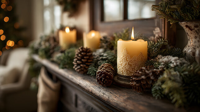 Cozy Christmas Mantlepiece Decoration with Lit Candles and Pine Cones

 - Powered by Adobe