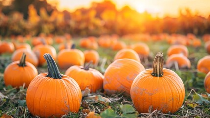 Serene autumn sunset casts warm orange hues over a peaceful rural pumpkin field landscape