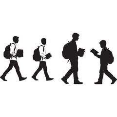 Student silhouette walking to school vector set. Boys carrying backpacks and holding books illustration.