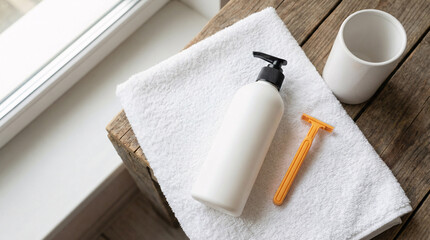 Naklejka premium Shaving razor, aftershave bottle and white towel on wooden bathroom counter, men grooming and hygiene concept.