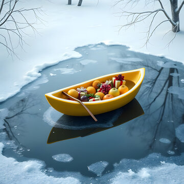 AI Winter Fruit Boat. Illustration by AI, winter background with light frosty mood, on a slightly frozen pond a lemon-shaped boat with fruits and gifts, soft cold light, calm peaceful atmosphere