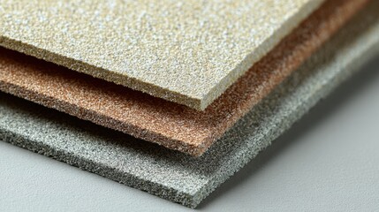 Different types of sandpaper stacked together on a flat surface showing various textures and colors in a well-lit environment