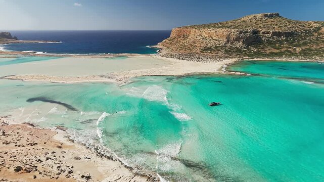 Amazing drone view of Balos Lagoon and white sandy beach, Crete, Greece