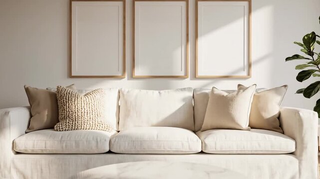 Modern Living Room Interior with Blank Frames and Sofa.