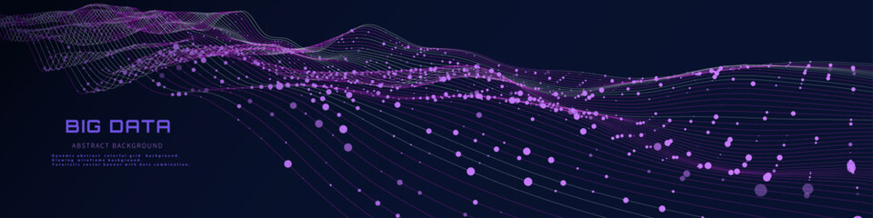 Abstract digital data from wavy lines stream with dots quantum computing in dark cyberspace. Tech information transmission. Big data light flow.