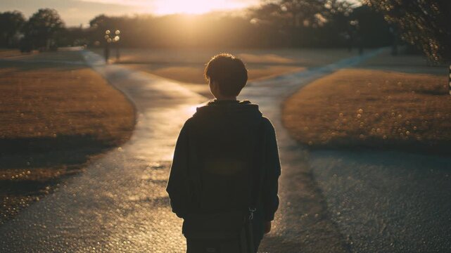 man standing at crossroads at sunset facing an important life choice