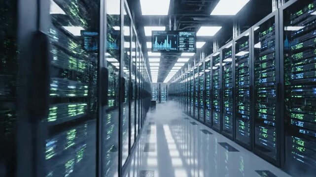 Modern Data Center with Rows of Server Racks and Blinking Lights, Network Cables and Cloud Computing Infrastructure.