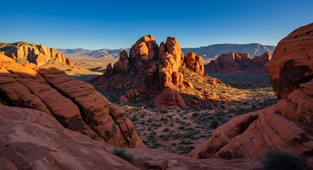 Golden Hour Light Illuminates Dramatic Rock Formations in Valley of Fire State Park Nevada.
