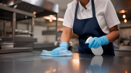 Restaurant kitchen staff diligently sanitizing stainless steel counter with spray and cloth, concept for hygiene protocols, food safety compliance and professional cleaning services