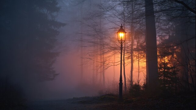 Fog covers a path with a street lamp glowing brightly as the sun sets behind trees in a forest during twilight hours - Powered by Adobe