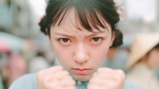 Determined young woman showing fighting spirit and confidence