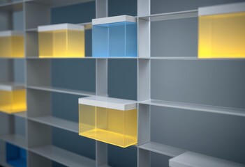 Glowing glass boxes on a modern grid shelf